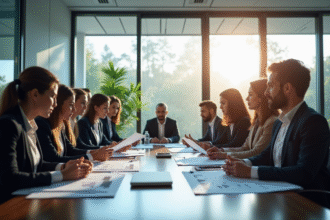 Groupe de professionnels en réunion collaborative avec graphiques