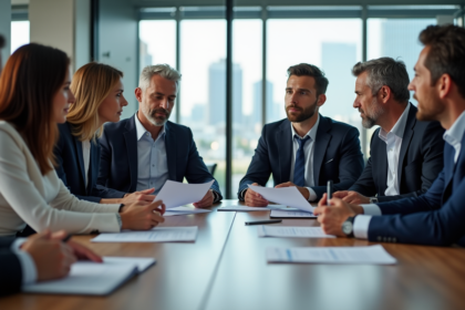 Groupe de professionnels discutant autour d'une table avec rapports ESG