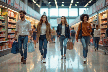 Groupe de clients dans un grand magasin moderne en action