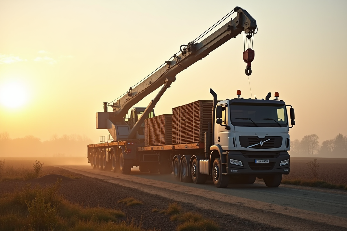 Grue déchargeant des palettes en milieu rural au lever du soleil