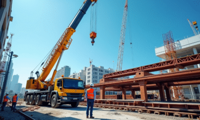 Grue en action sur un chantier urbain avec ouvriers et ciel bleu