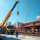 Grue en action sur un chantier urbain avec ouvriers et ciel bleu