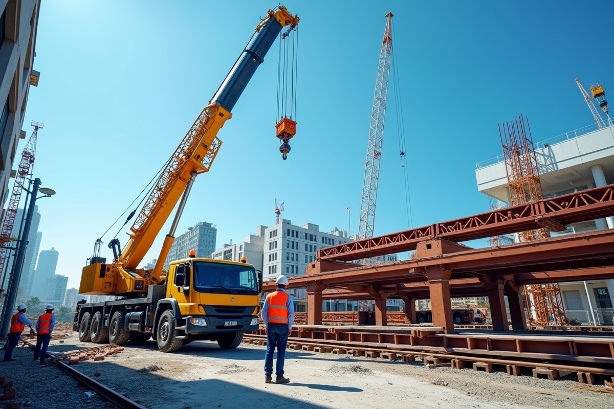 Grue en action sur un chantier urbain avec ouvriers et ciel bleu