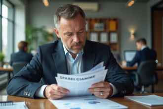 Homme d'affaires en costume examine contrats publicitaires