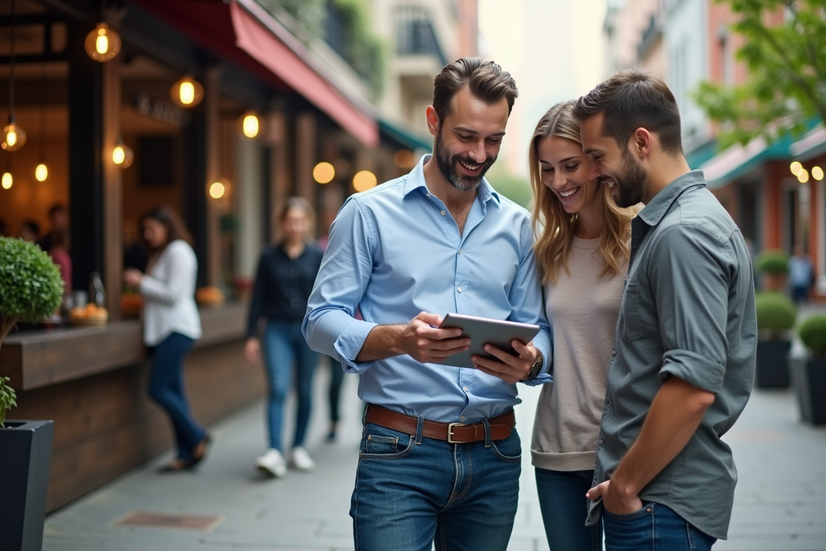 Homme montrant une vidéo à ses collègues dans la rue