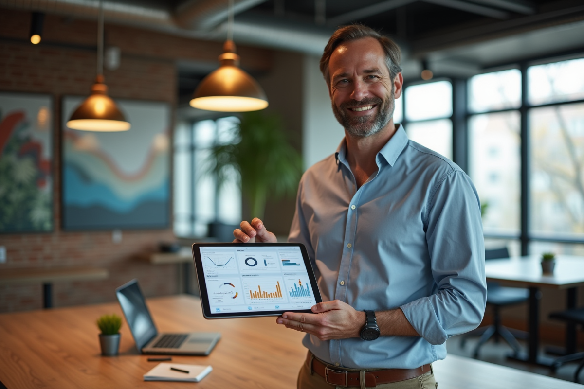 Homme expliquant des données analytiques dans un espace de coworking