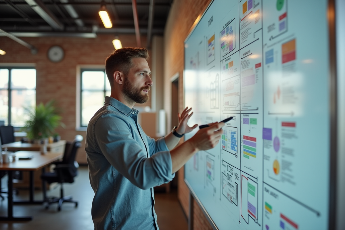 Homme en travail expliquant une stratégie au tableau blanc