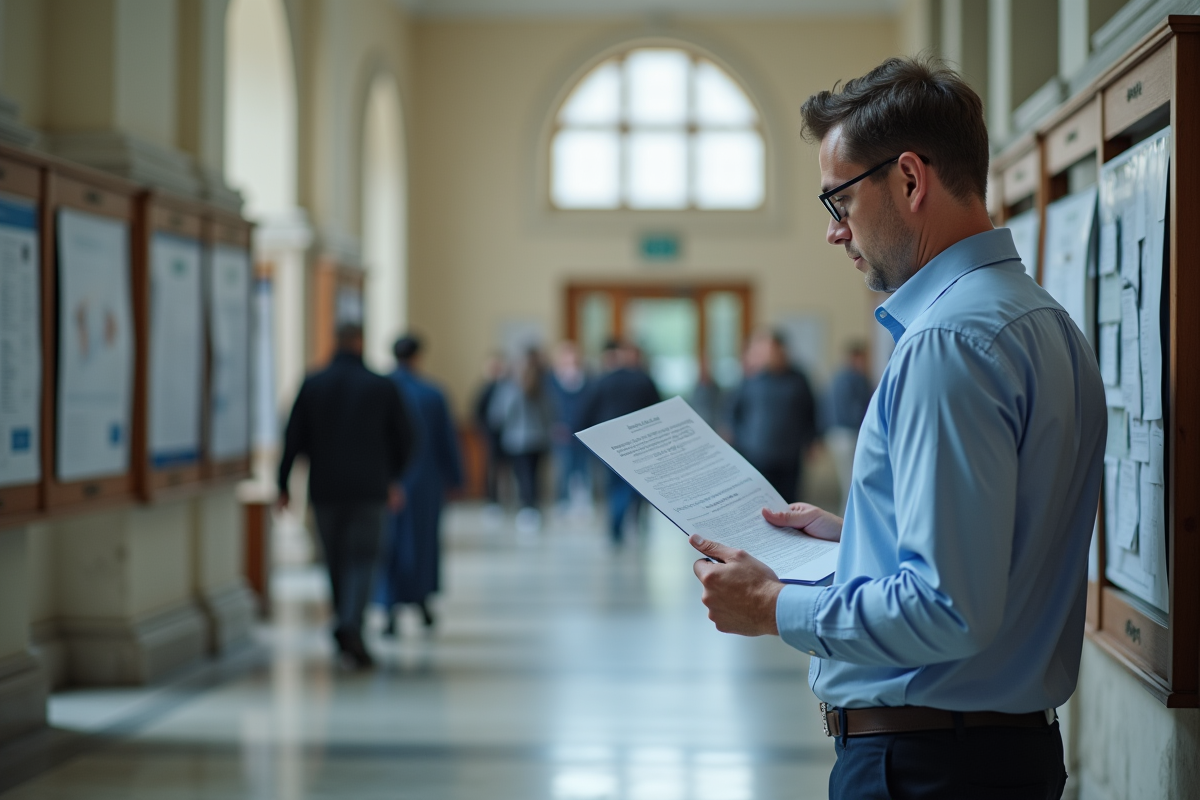 Homme lisant un document dans un hall administratif