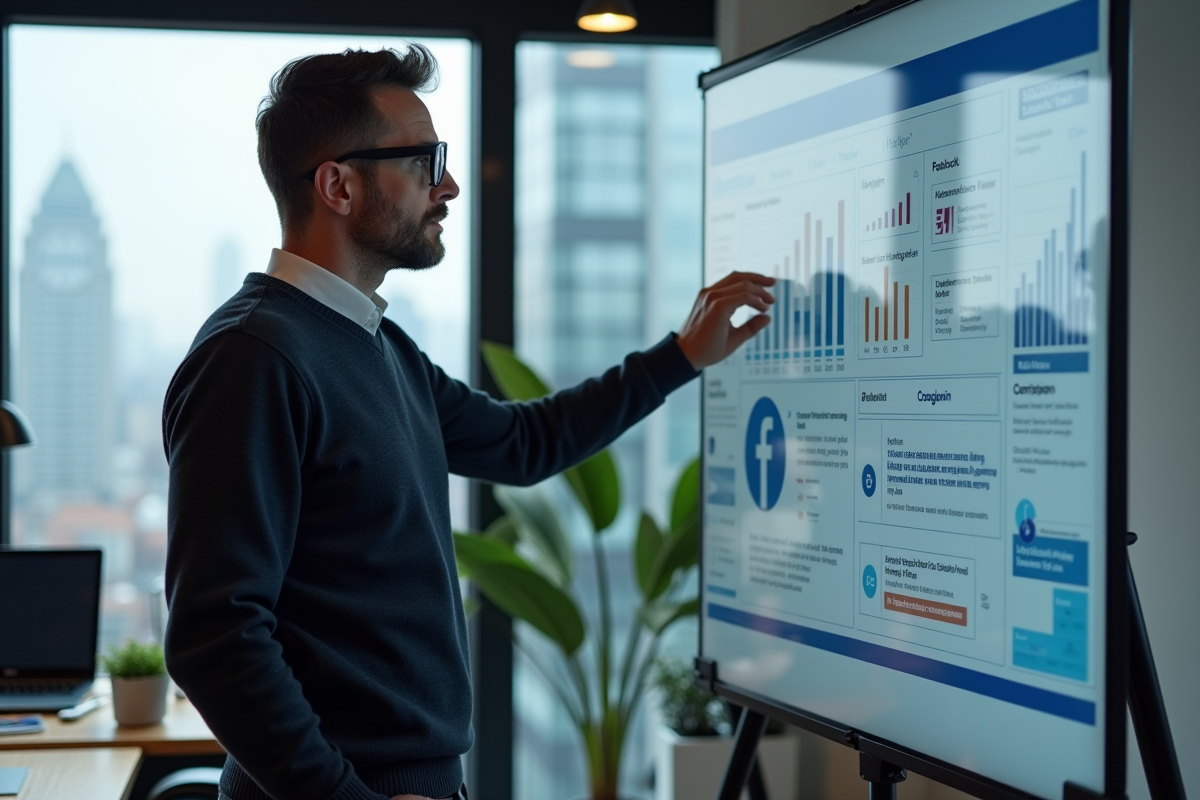 Homme professionnel expliquant des campagnes Facebook devant un tableau blanc