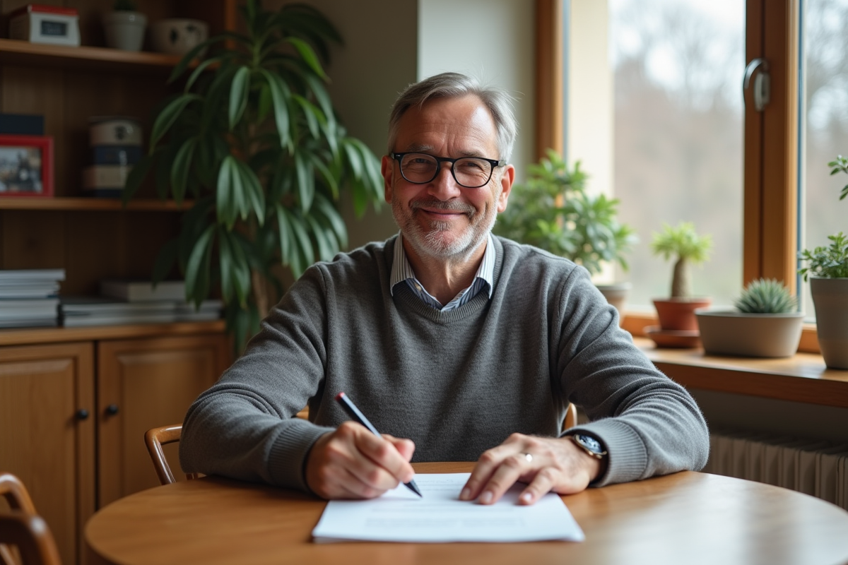 Homme à la maison signe des papiers avec sourire