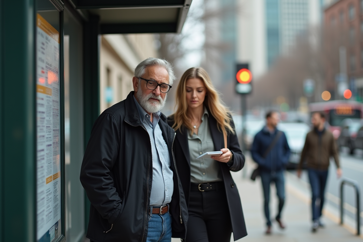 Homme âgé et femme lisant horaire bus en extérieur