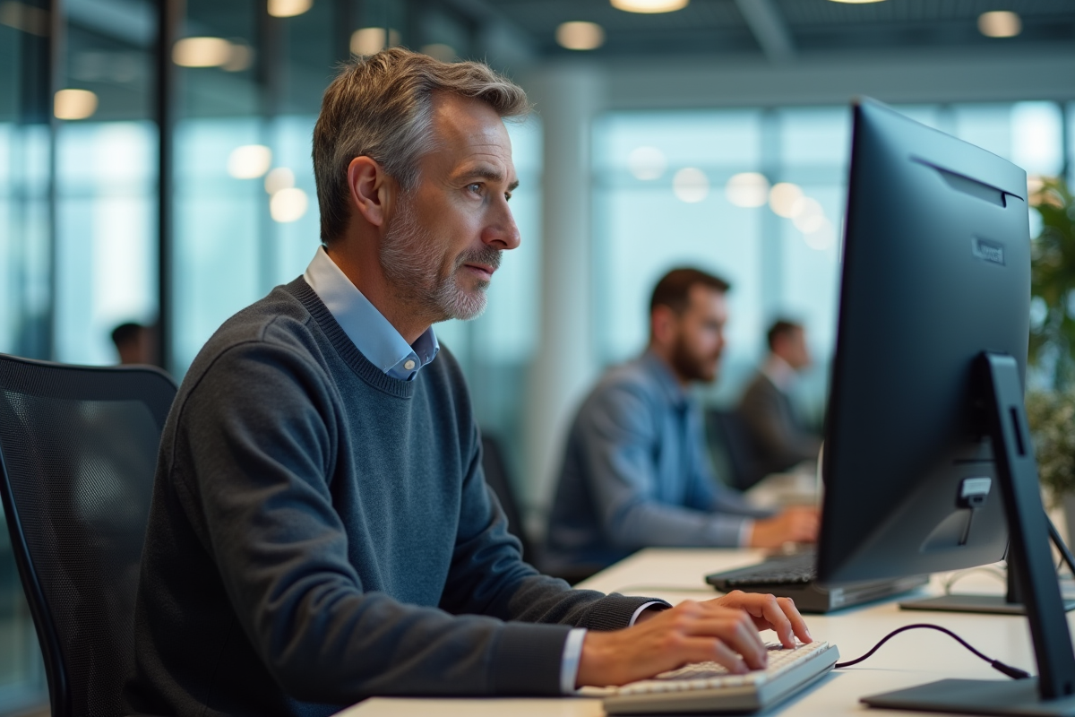 Homme en visioconference dans un espace de coworking moderne