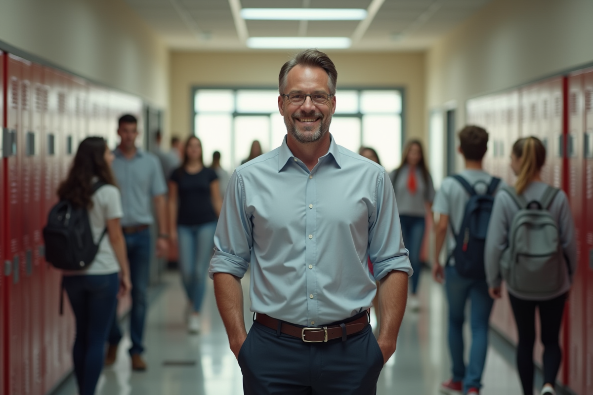 Homme saluant des élèves dans un couloir scolaire