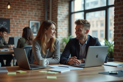 Jeune femme et homme en réunion dans un bureau moderne