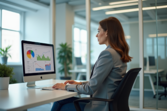 Jeune femme professionnelle analysant des graphiques sur son ordinateur