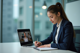 Jeune femme en bureau regardant une vidéo sur son ordinateur