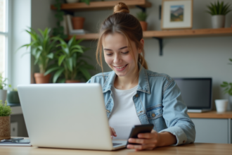 Jeune femme en bureau moderne utilisant son ordinateur portable