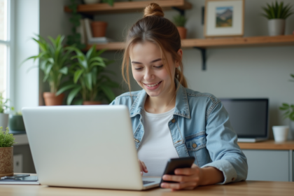 Jeune femme en bureau moderne utilisant son ordinateur portable