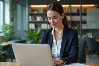 Jeune femme professionnelle concentrée à son bureau en entreprise