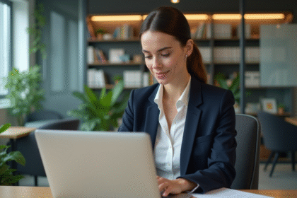 Jeune femme professionnelle concentrée à son bureau en entreprise