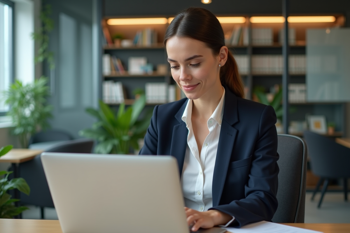 Jeune femme professionnelle concentrée à son bureau en entreprise