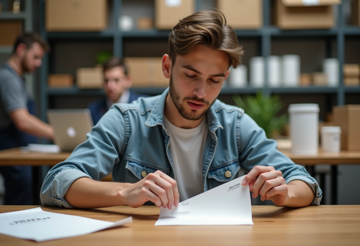 Jeune homme collant une étiquette dans un atelier dynamique