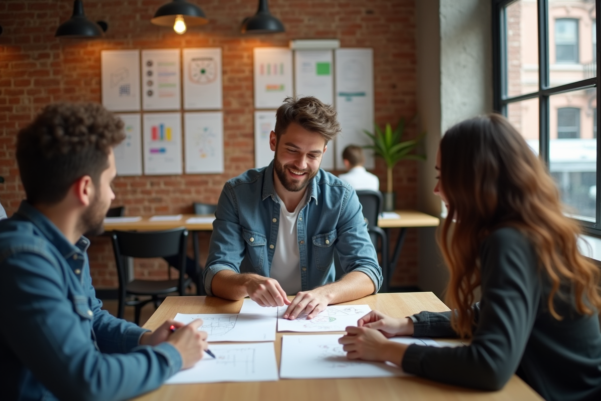Jeune homme collaborant avec ses collègues en coworking
