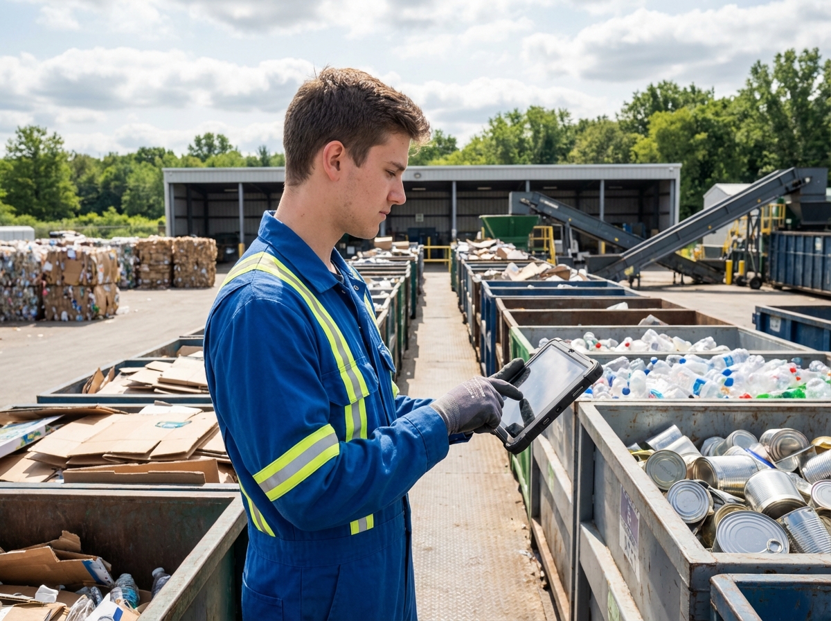 Jeune homme en uniforme recyclage utilisant une tablette