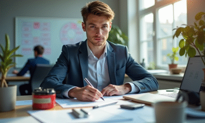 Jeune professionnel en tenue décontractée au bureau avec outils Q
