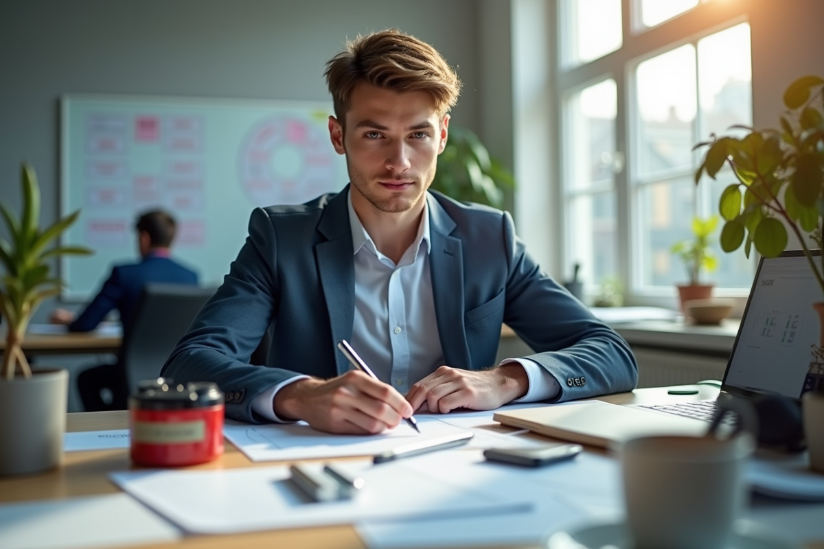 Jeune professionnel en tenue décontractée au bureau avec outils Q