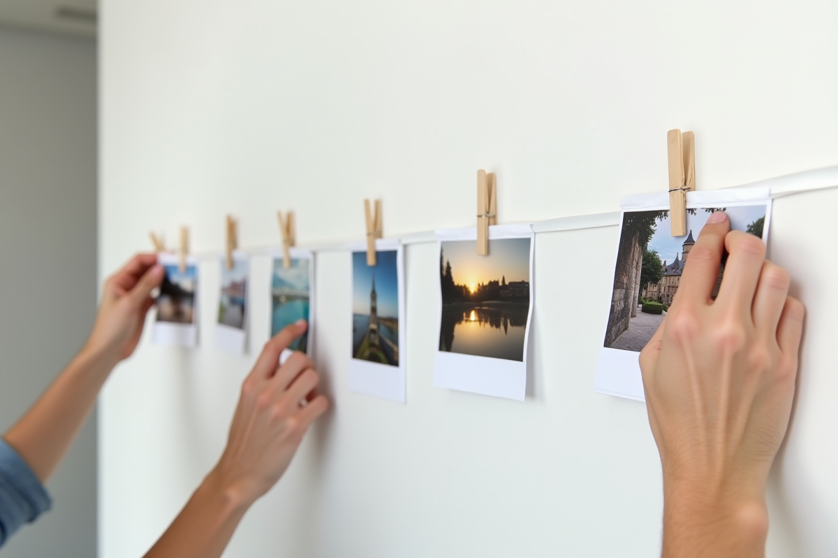 Timeline avec photos anciennes et récentes sur un mur blanc
