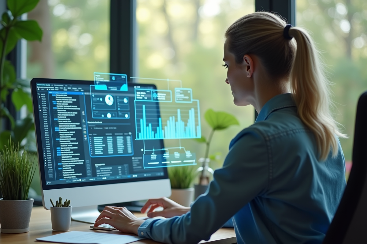 Manager RH en teletravail utilisant interface holographique