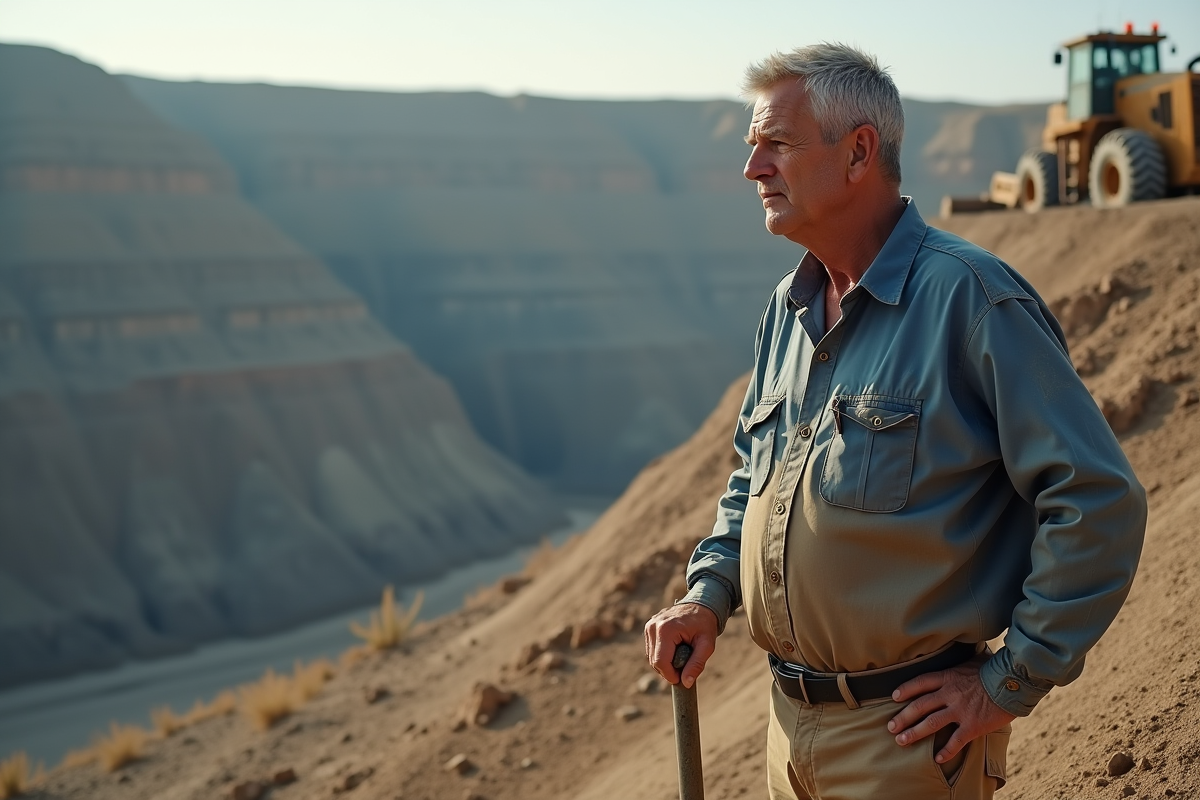Mineur au bord d'une mine à ciel ouvert avec machinerie