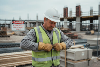 Ouvrier de construction ajustant un gilet de sécurité