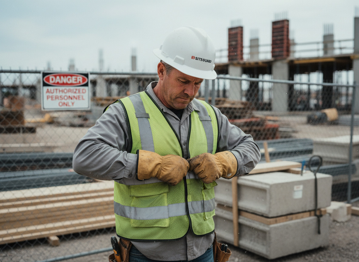 Ouvrier de construction ajustant un gilet de sécurité