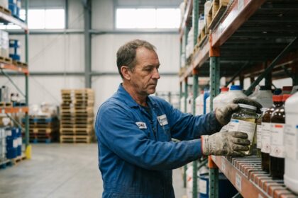 Homme en overalls organisant des contenants chimiques en entrepôt
