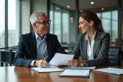 Deux partenaires d'affaires en réunion dans un bureau moderne