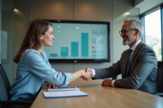 Deux professionnels se serrent la main dans un bureau moderne