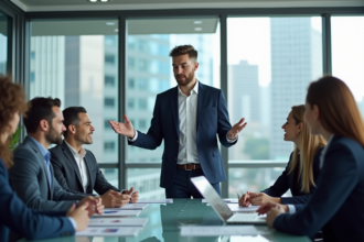 Jeune homme professionnel présentant des storyboards en réunion