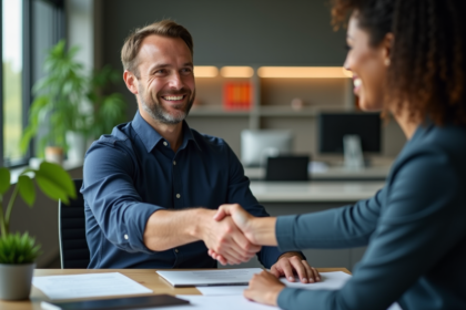 Homme confiant recevant une poignée de main au bureau