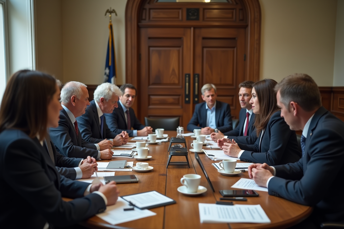 Groupe de fonctionnaires en réunion dans une salle de mairie