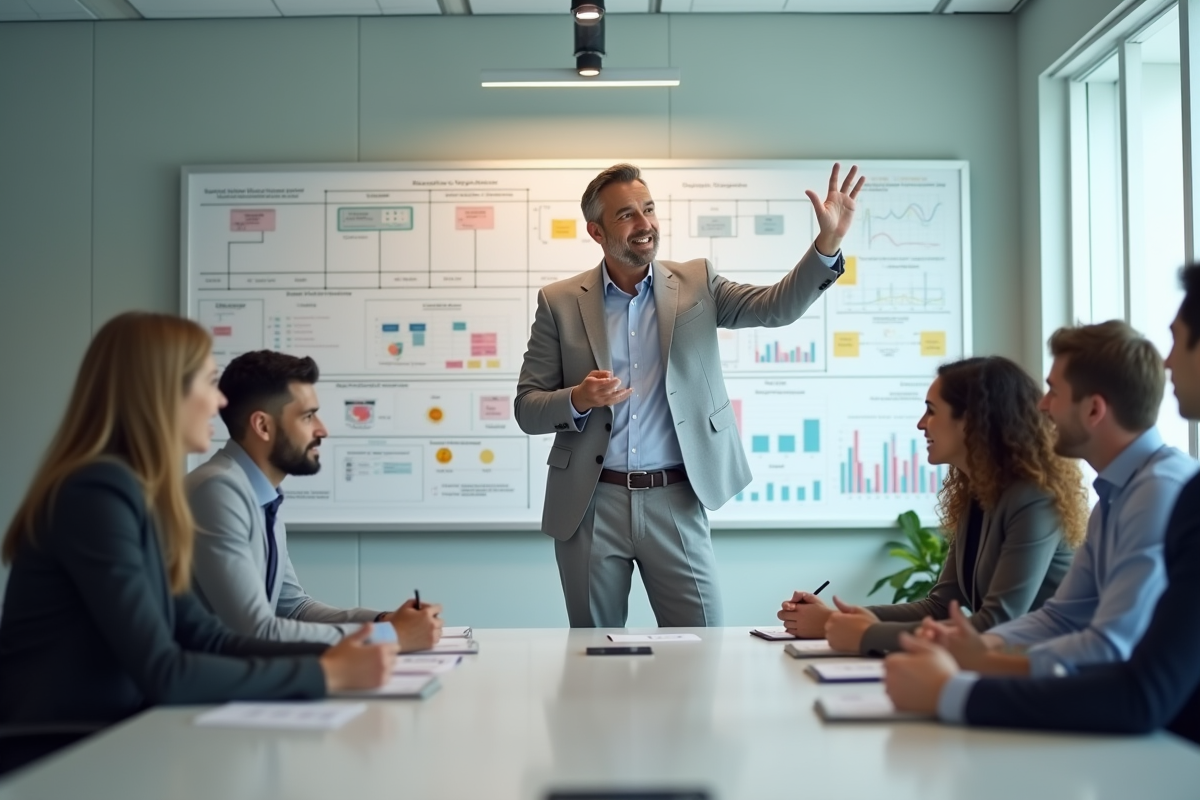 Homme en costume anime reunion avec collègues