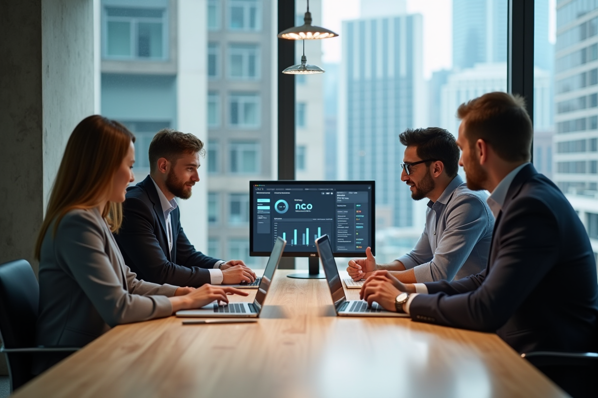 Groupe de professionnels analysant des KPI lors d une réunion