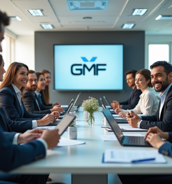 Groupe de professionnels en réunion dans un bureau lumineux