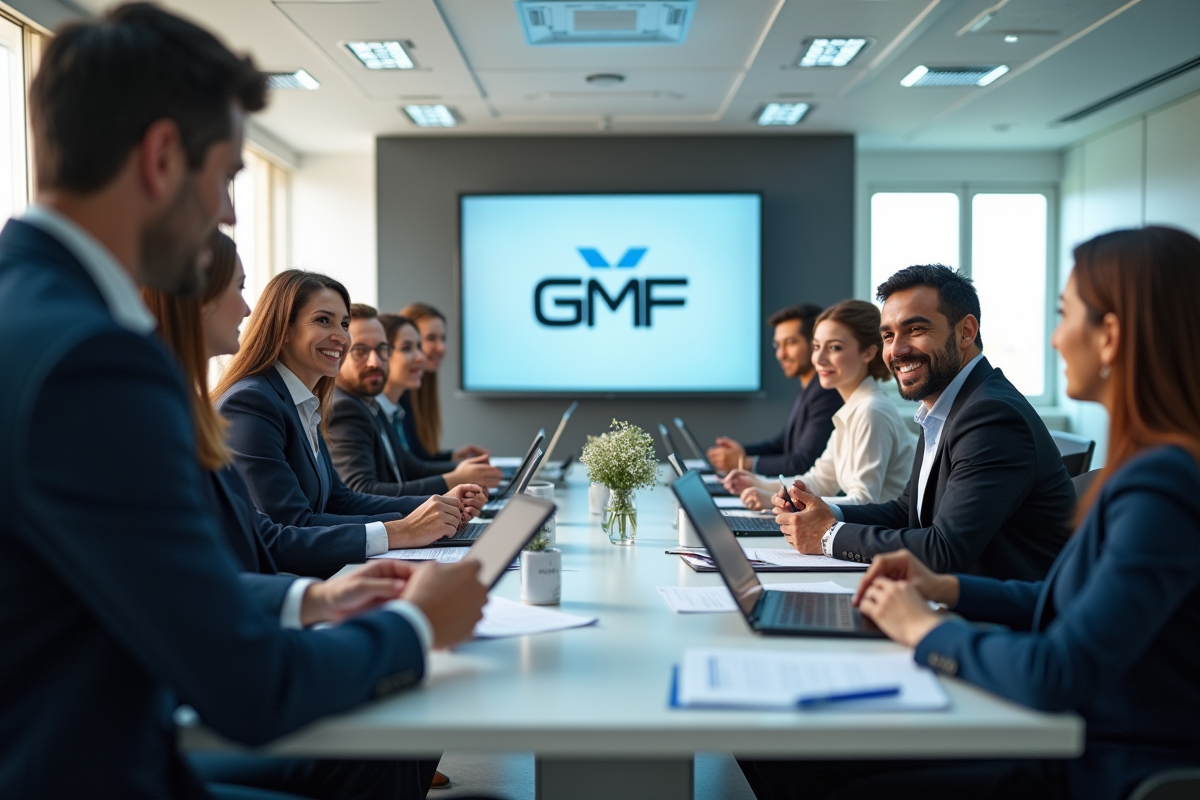 Groupe de professionnels en réunion dans un bureau lumineux
