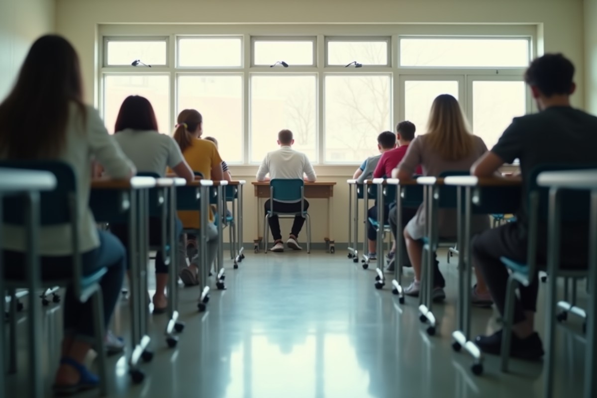 Salle de classe avec chaise vide et etudiants présents