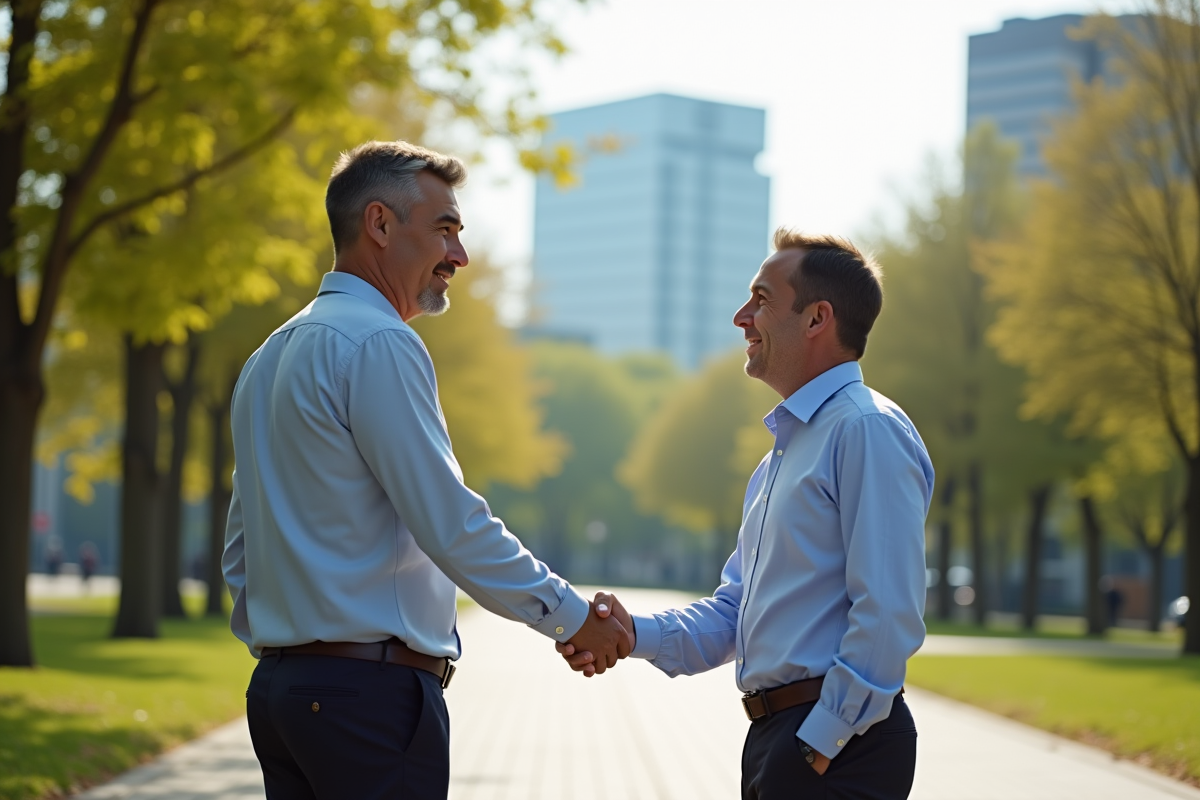 Deux hommes se serrant la main dans un parc urbain ensoleille