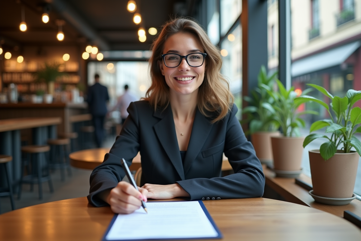 Jeune femme signant un contrat dans un café urbain