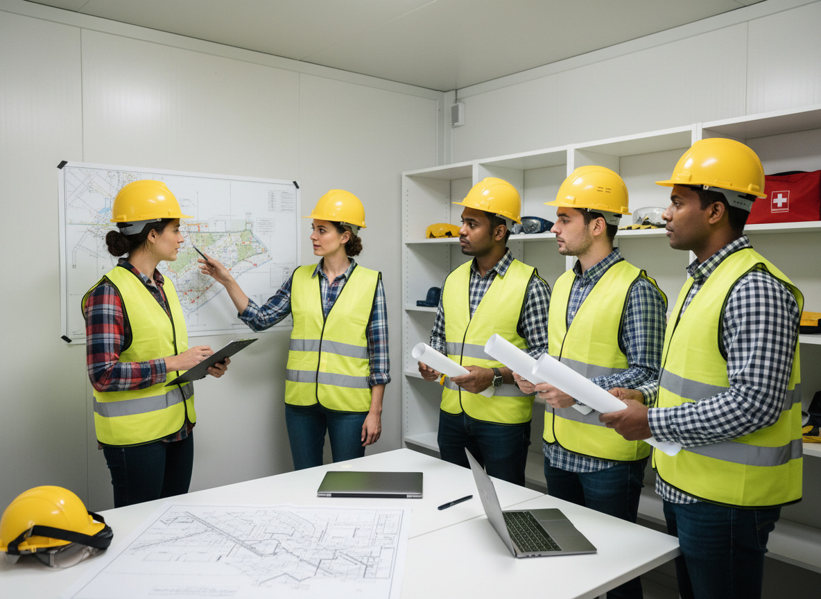 Superviseure de chantier parlant à une équipe diversifiée