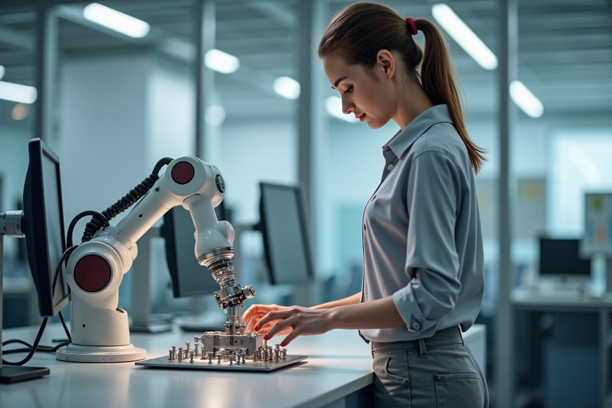Technicienne observant un bras robotique dans un laboratoire moderne